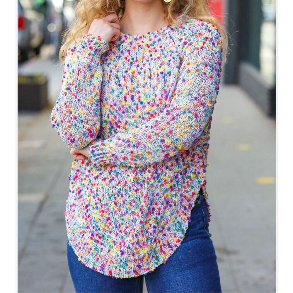 Haptics size 1X colorful popcorn knit rounded hem sweater